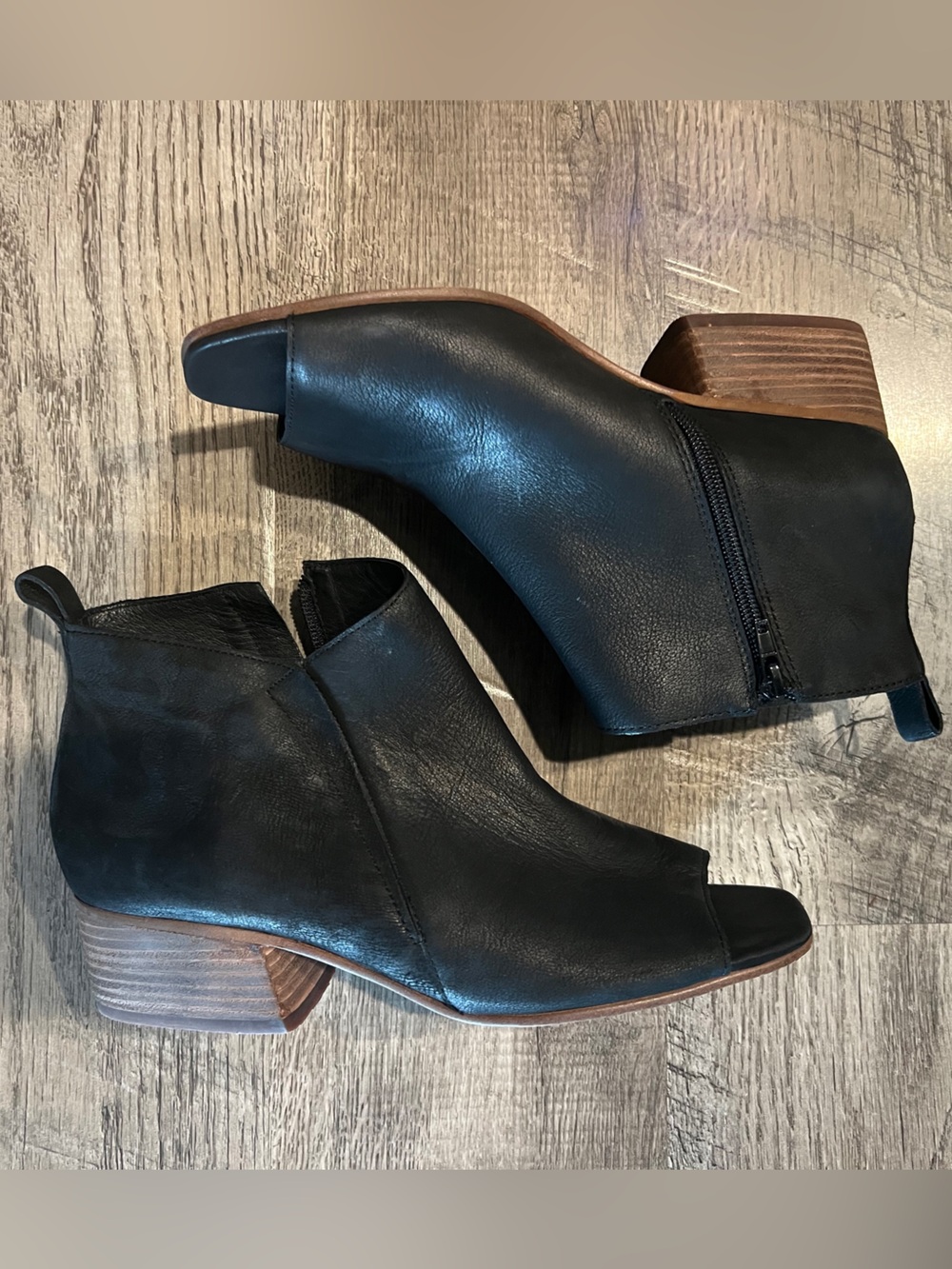 Corso Como Black Leather Open-Toe Ankle Booties with Stacked Wood Heel